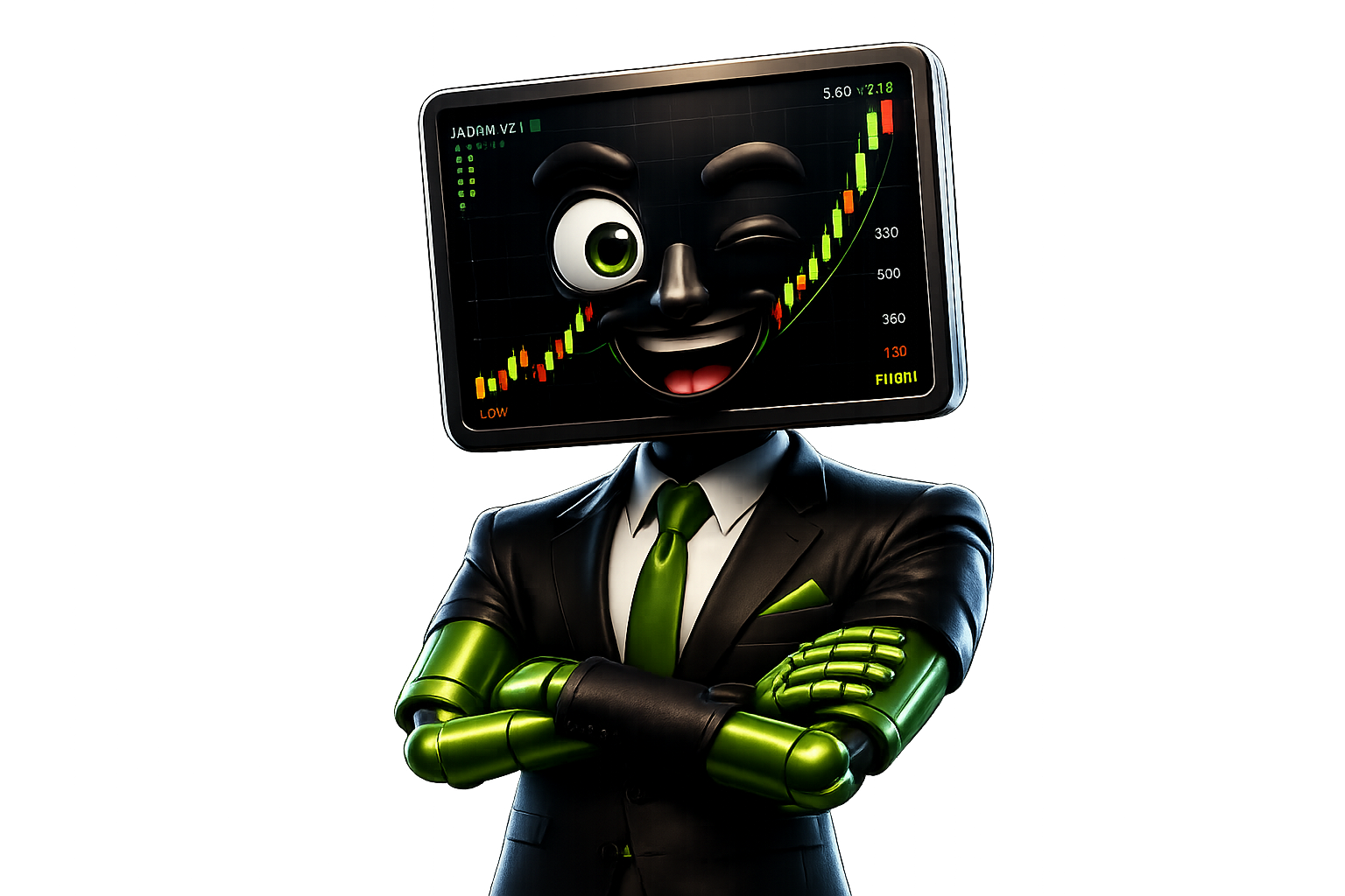 A.D.A.M — the trading assistant mascot, a suited figure with a live market chart for a head