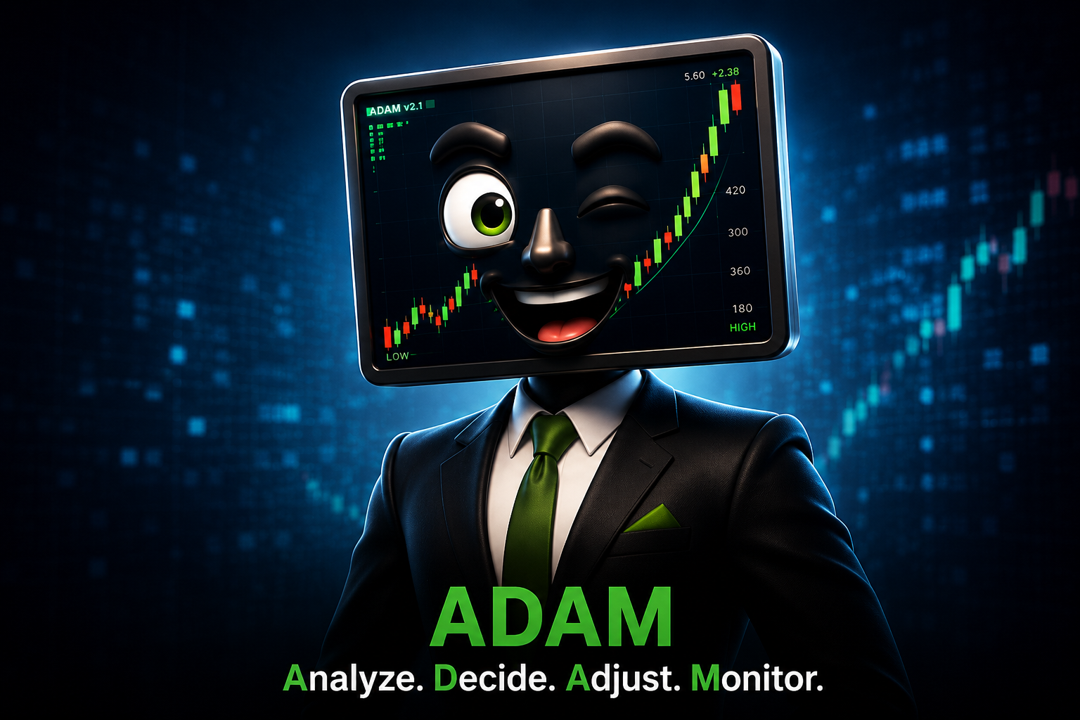 The A.D.A.M mascot winking, with a rising market chart displayed on its screen face